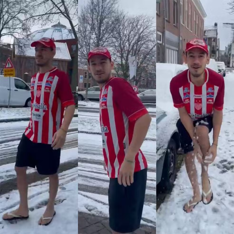 Potiguar viraliza ao andar de bermuda e chinelo na neve na Europa