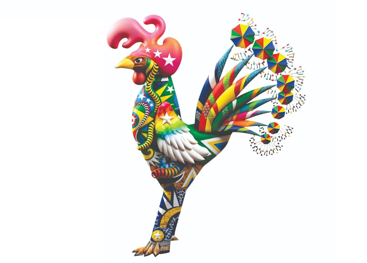 Galo gigante homenageia Dom Helder Câmara com coração e sombrinhas na cauda